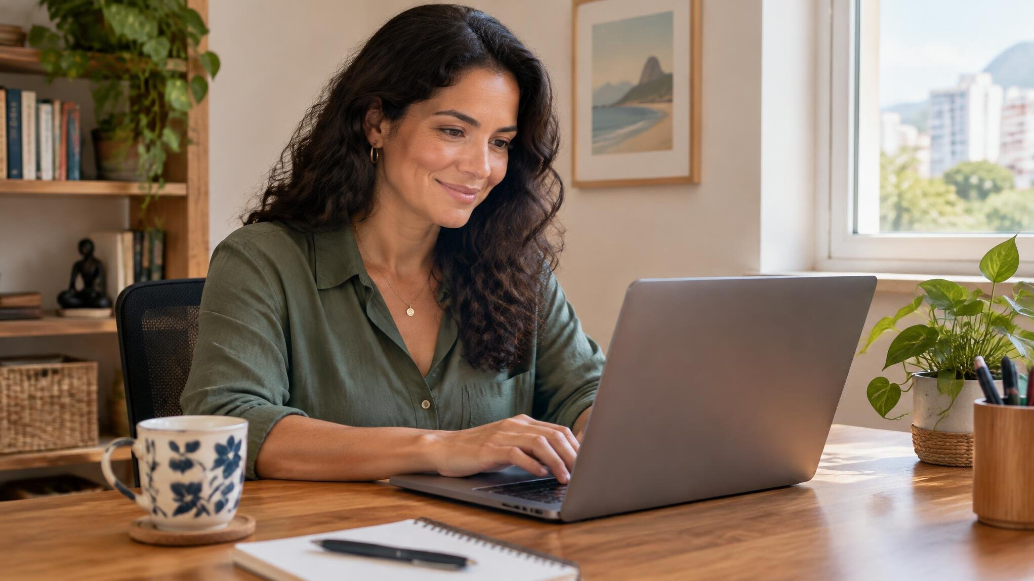Brazilian woman writing a message on a laptop at a calm desk